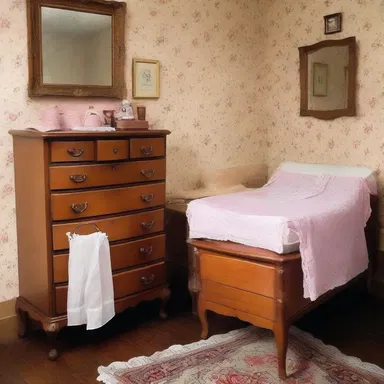 The vintage-themed room was decorated with wooden furniture, including a small dresser where a pair of knickers was neatly laid out.