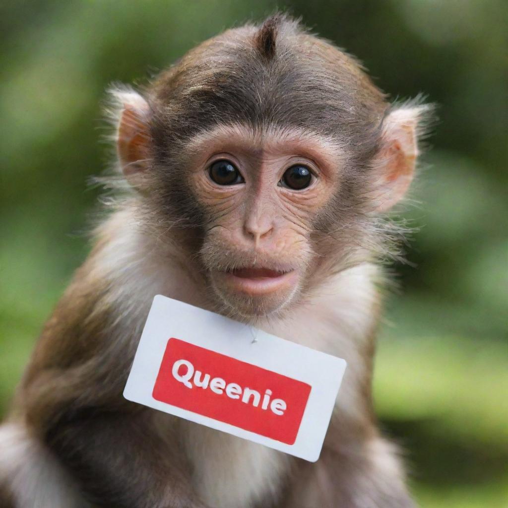 A playful monkey wearing a shiny name tag that reads 'Queenie'.