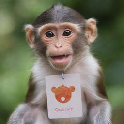 A playful monkey wearing a shiny name tag that reads 'Queenie'.