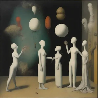 The painting depicted a surreal scene with waking figures interacting with bizarre objects.