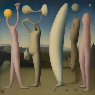 The painting depicted a surreal scene with waking figures interacting with bizarre objects.