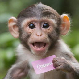 A playful monkey wearing a shiny name tag that reads 'Queenie'.