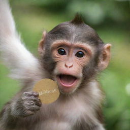 A playful monkey wearing a shiny name tag that reads 'Queenie'.