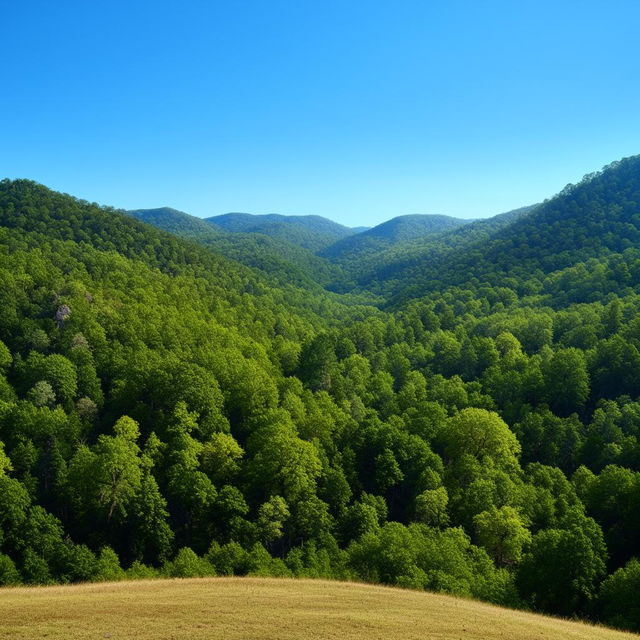 A panoramic view of a beautiful, serene locale in Arkansas, with rolling hills, dense forests, and a clear, picturesque sky