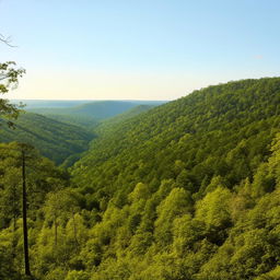 A panoramic view of a beautiful, serene locale in Arkansas, with rolling hills, dense forests, and a clear, picturesque sky