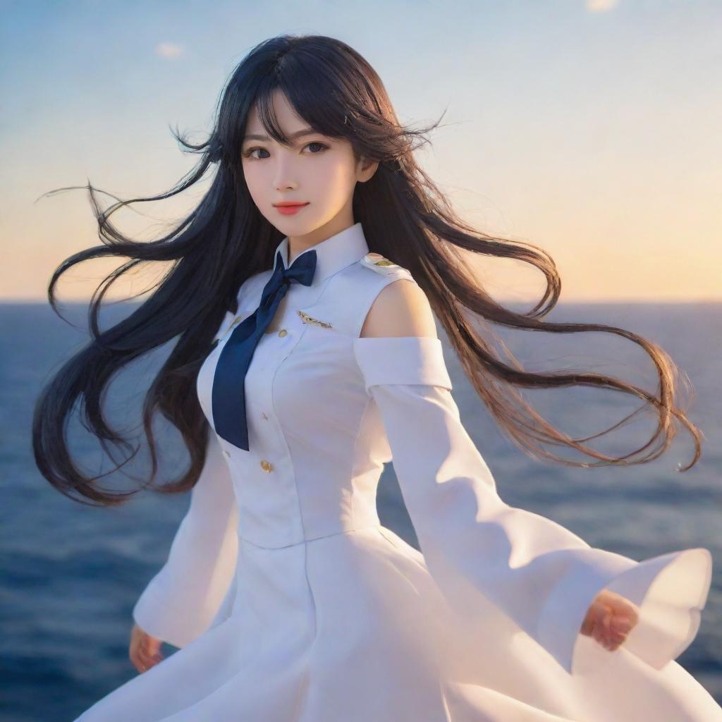 A striking, high resolution illustration of Atago from Azur Lane. She is posed against a backdrop of the ocean, her hair flowing elegantly in the breeze, while the setting sun in the horizon lends a stunning glow to the scene.