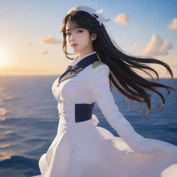 A striking, high resolution illustration of Atago from Azur Lane. She is posed against a backdrop of the ocean, her hair flowing elegantly in the breeze, while the setting sun in the horizon lends a stunning glow to the scene.