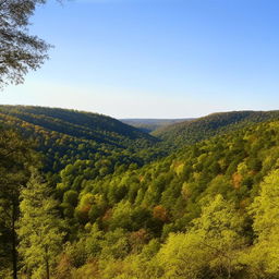 A panoramic view of a beautiful, serene locale in Arkansas, with rolling hills, dense forests, and a clear, picturesque sky