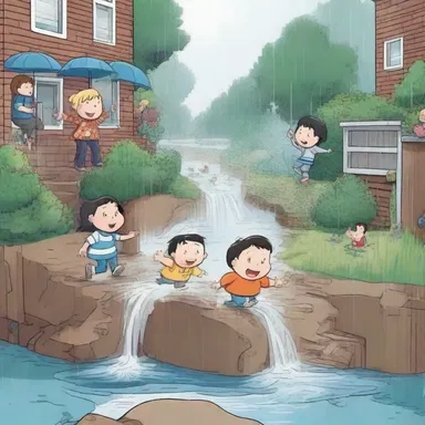 In the cartoon, the characters slid down a rill formed by the heavy rain.