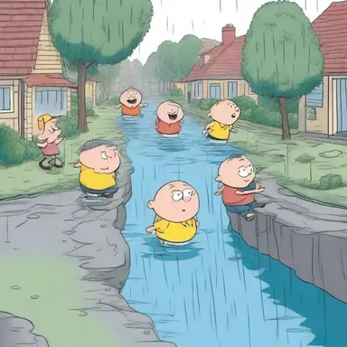 In the cartoon, the characters slid down a rill formed by the heavy rain.