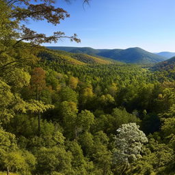 A panoramic view of a beautiful, serene locale in Arkansas, with rolling hills, dense forests, and a clear, picturesque sky