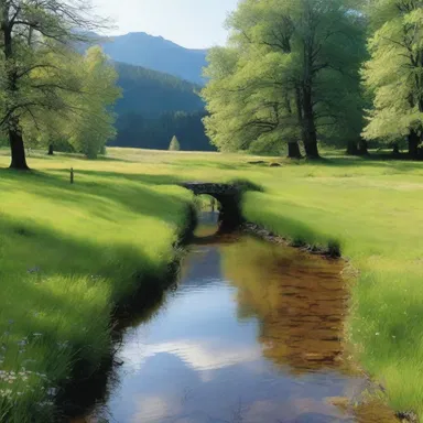 The author described a picturesque scene with a crystal-clear rill running through the meadow in his novel.
