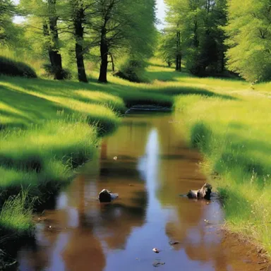 The author described a picturesque scene with a crystal-clear rill running through the meadow in his novel.