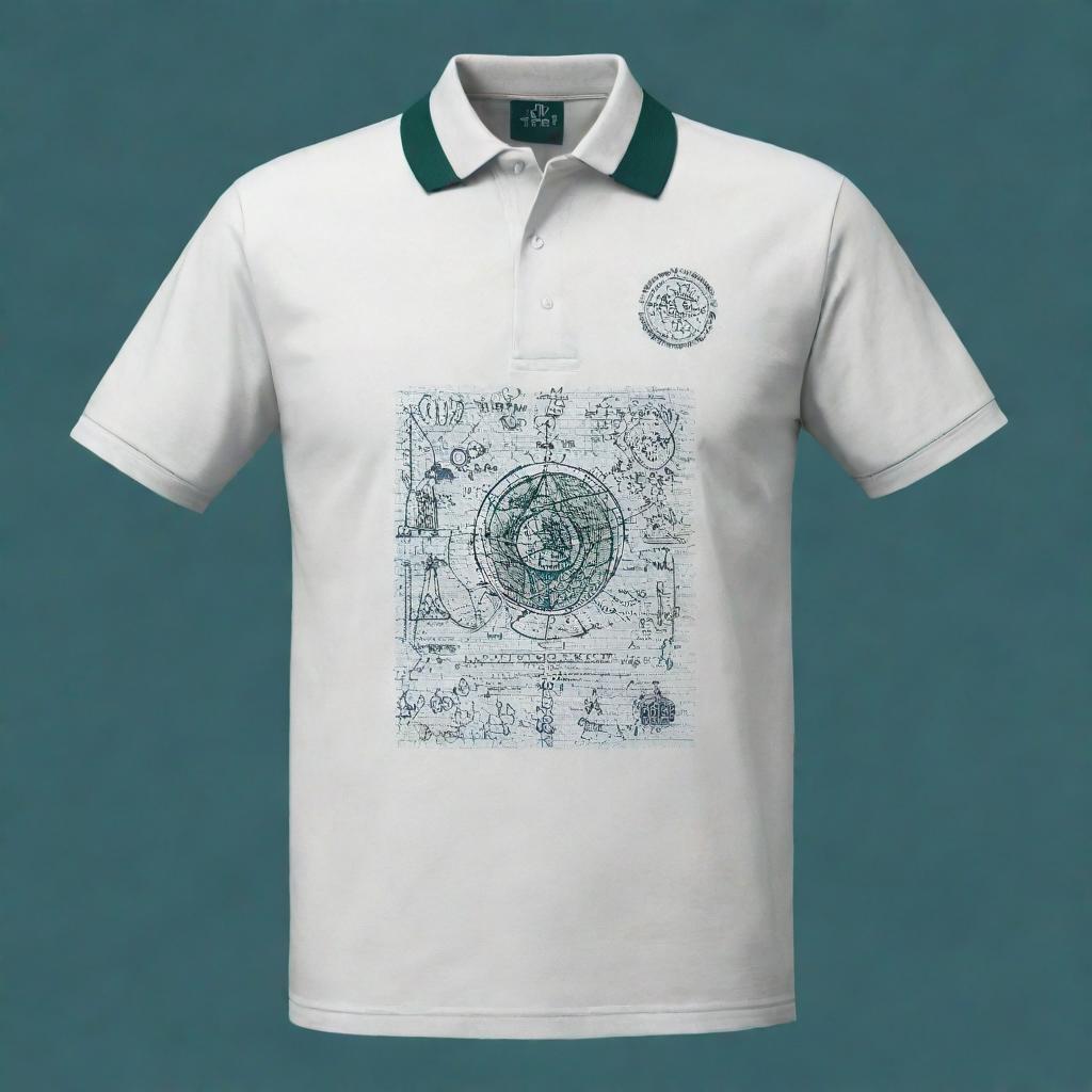 Design a polished front design for a polo shirt representing a Science and Mathematics Department. Incorporate relevant scientific and mathematical symbols in the artwork.