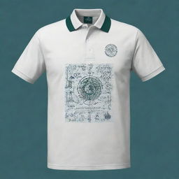 Design a polished front design for a polo shirt representing a Science and Mathematics Department. Incorporate relevant scientific and mathematical symbols in the artwork.