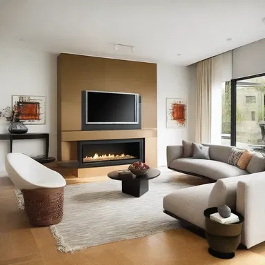 The modern living room is designed to encourage schmooze and conversation among guests.