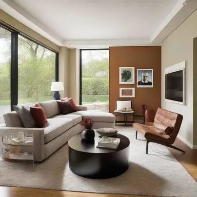 The modern living room is designed to encourage schmooze and conversation among guests.