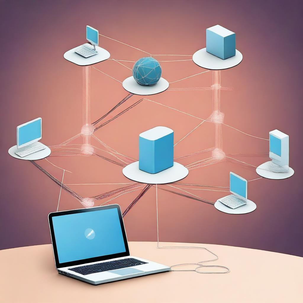 A high-quality photograph illustrating a computer network with several devices interconnected