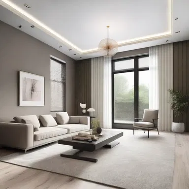 The elegant living room was designed with large windows and minimalist window blinds to perfectly complement the modern aesthetic.