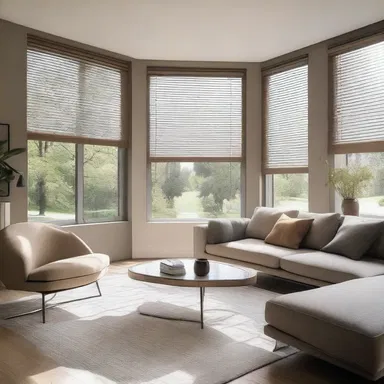 The elegant living room was designed with large windows and minimalist window blinds to perfectly complement the modern aesthetic.