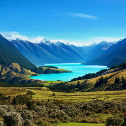 A breathtaking panoramic view of a scenic New Zealand landscape with lush green fields, towering mountains and a serene blue lake under the vibrant, sunny sky.