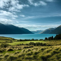 A breathtaking panoramic view of a scenic New Zealand landscape with lush green fields, towering mountains and a serene blue lake under the vibrant, sunny sky.