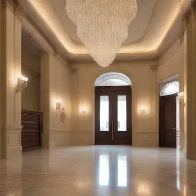 The ceiling lights in the grand entrance glimmer like stars, creating a truly enchanting atmosphere.
