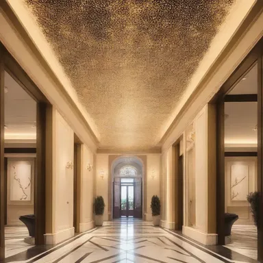 The ceiling lights in the grand entrance glimmer like stars, creating a truly enchanting atmosphere.