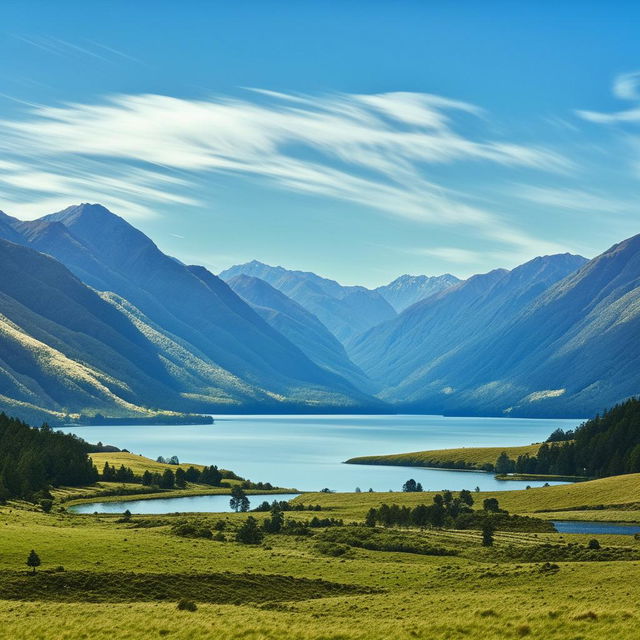 A breathtaking panoramic view of a scenic New Zealand landscape with lush green fields, towering mountains and a serene blue lake under the vibrant, sunny sky.