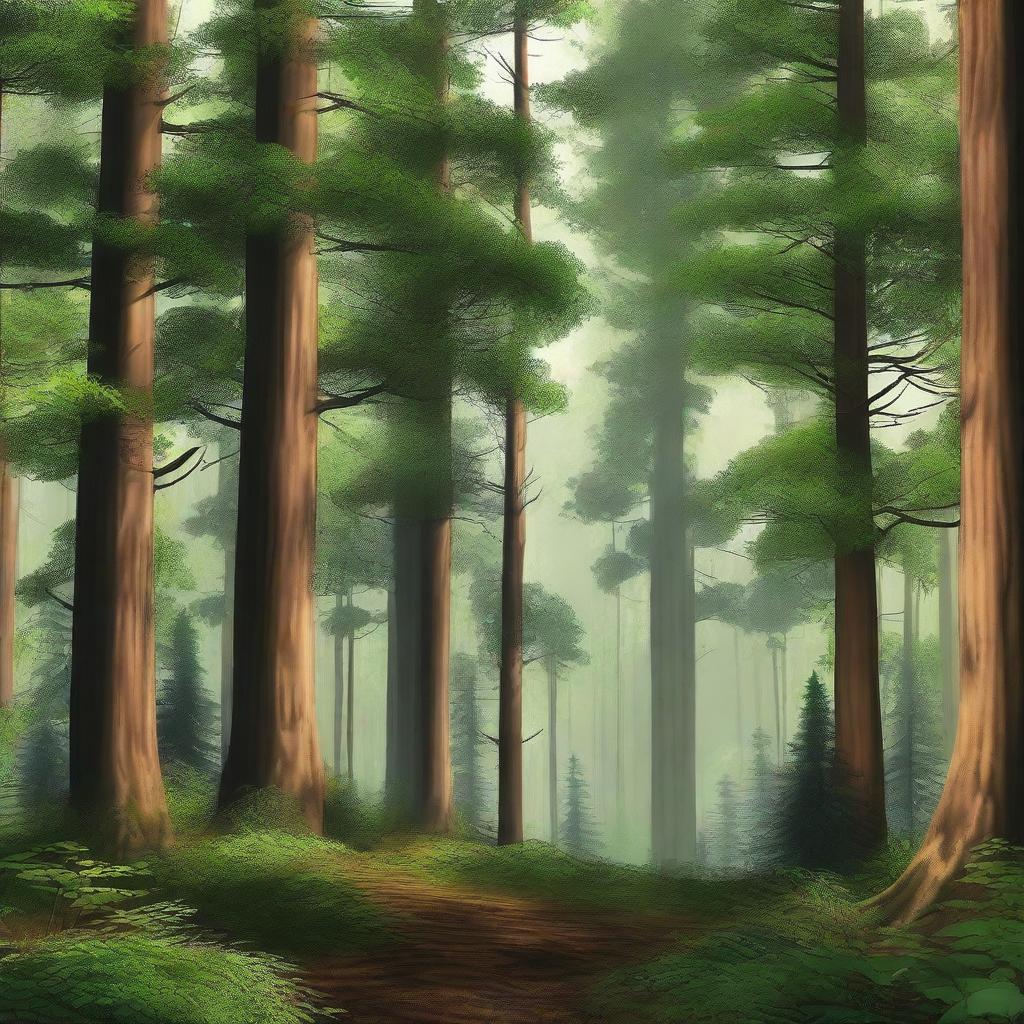 A digital art image showcasing a vast forest