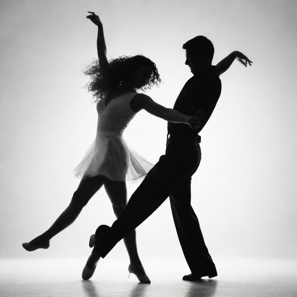 Generate a high contrast, black and white image of a couple dancing. The image should only contain the simple outline or contour of the dancing figures.