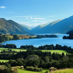 A breathtaking panoramic view of a scenic New Zealand landscape with lush green fields, towering mountains and a serene blue lake under the vibrant, sunny sky.