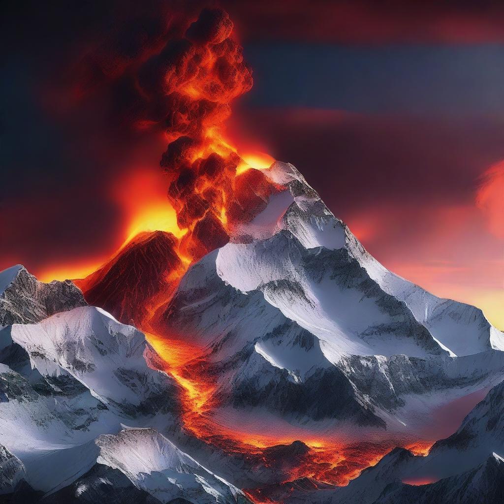 A high-definition digital art image showing the volcanic Mount Everest basting