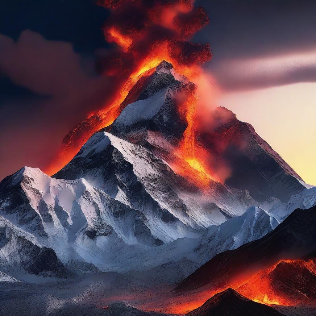 A high-definition digital art image showing the volcanic Mount Everest basting