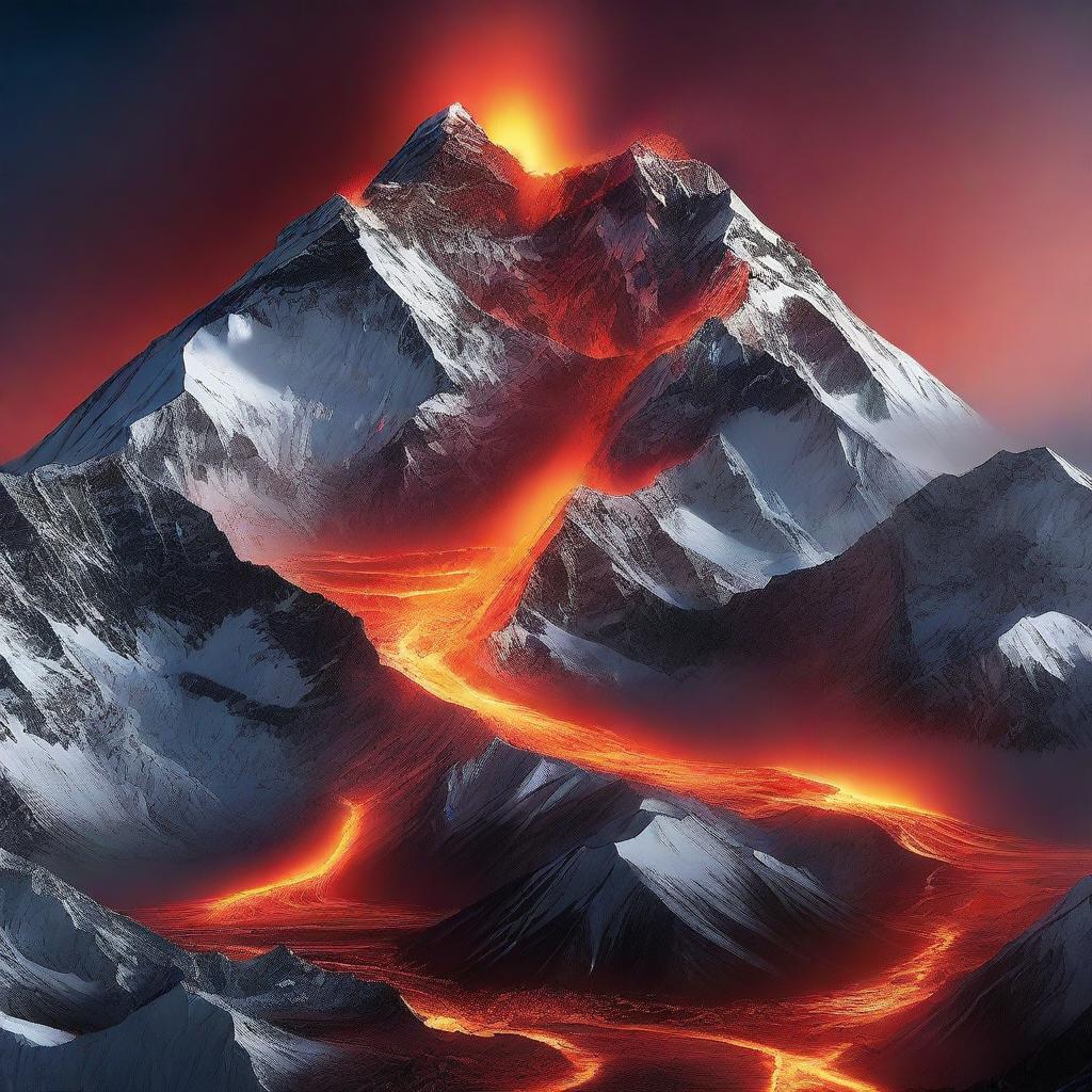 A high-definition digital art image showing the volcanic Mount Everest basting