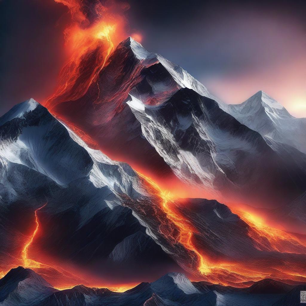 A high-definition digital art image showing the volcanic Mount Everest basting