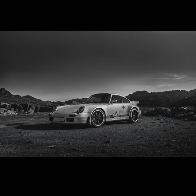 A cinematic portrait photograph of a black and white Porsche 911, presented in an epic scene demonstrating professional car photography.