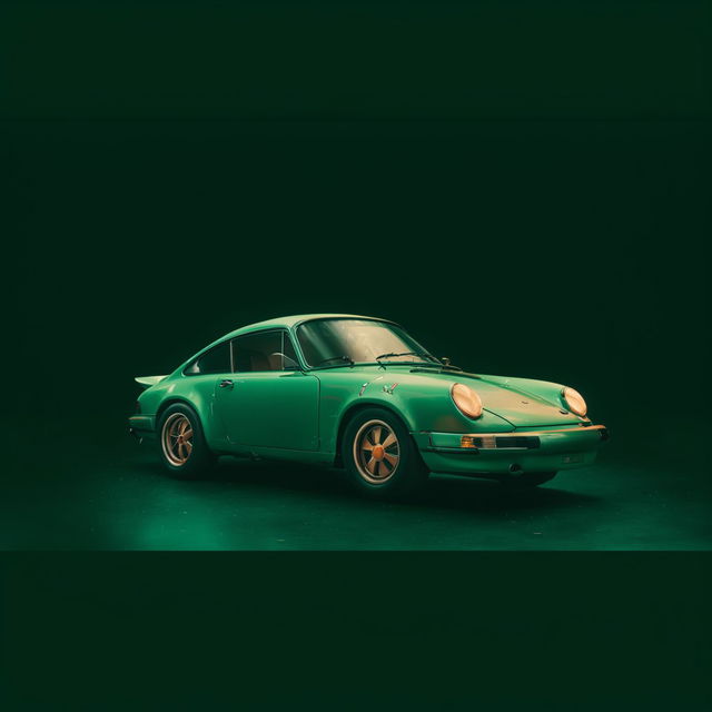 Maintain the cinematic style of the Porsche 911 portrait but transform it into a color photo, specifically a rich dark green, rendered with a vintage aesthetic.