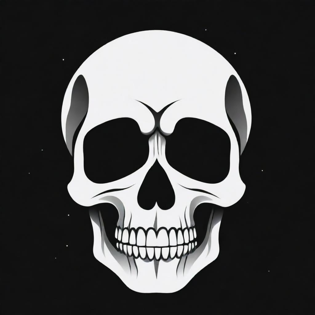 A high contrast, black and white vector styled design of a skull at night using simple, flat line art on a white background.