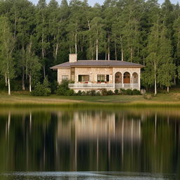 A serene and beautiful house situated on the tranquil shores of a calm lake with reflection on the water surface.