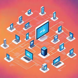 A high-quality digital illustration depicting a computer network with arrows indicating the data flow between different devices