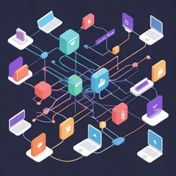 A high-quality digital illustration depicting a computer network with arrows indicating the data flow between different devices