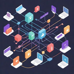 A high-quality digital illustration depicting a computer network with arrows indicating the data flow between different devices