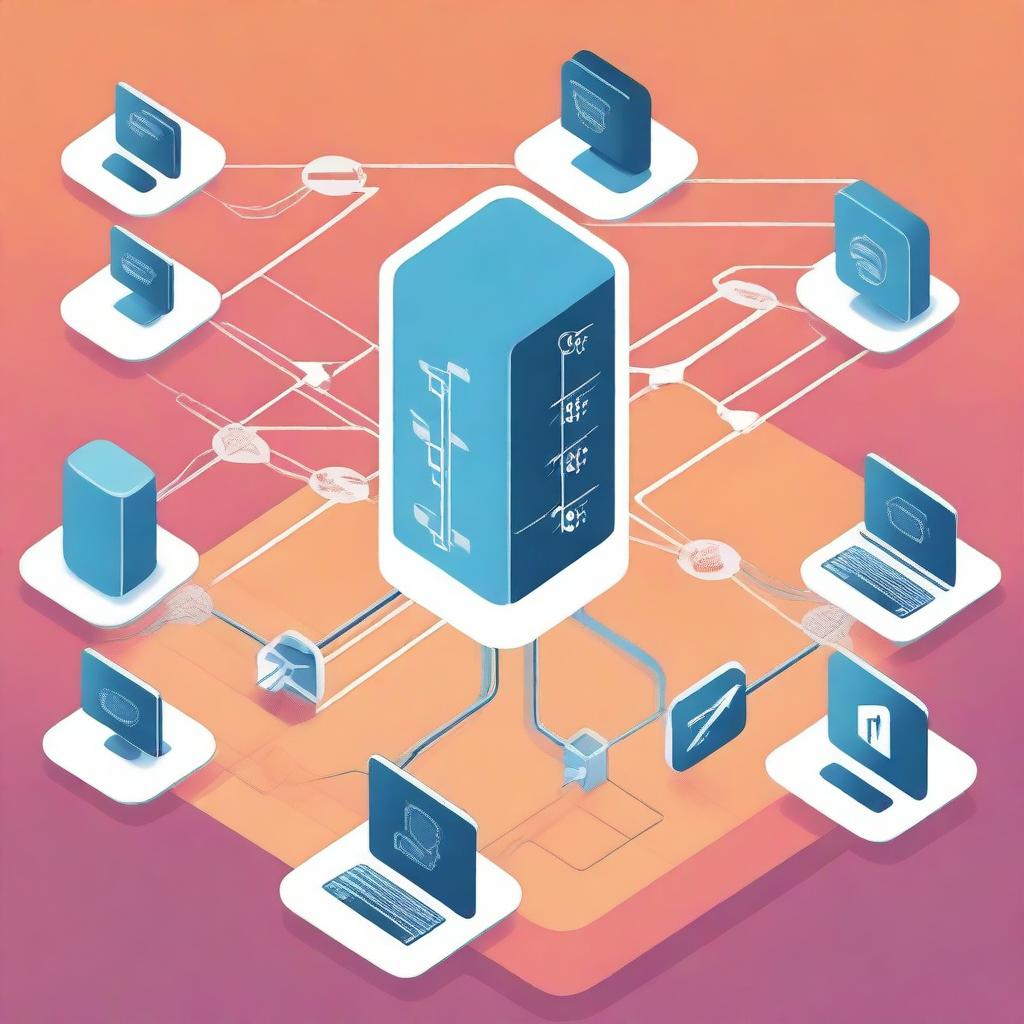 A high-quality digital illustration depicting a computer network with arrows indicating the data flow between different devices