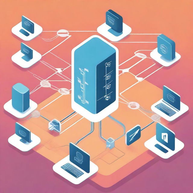 A high-quality digital illustration depicting a computer network with arrows indicating the data flow between different devices