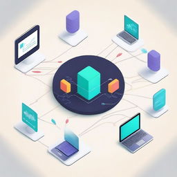 A high-quality digital illustration depicting a computer network with arrows indicating the data flow between different devices