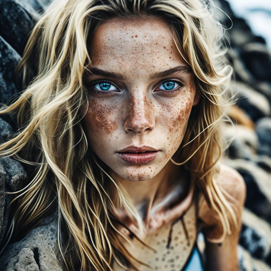 A close-up RAW photo portrait of a young surfer woman with sandy blonde hair, freckles, and piercing light blue eyes. She stands in front of a rocky beach, her hair matted with sand and sea salt. The image boasts excellent composition and intricate detail.