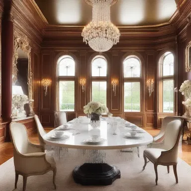 The elegant and sophisticated mansion features a grand dining room with a luxurious display of lump sugars artfully arranged in crystal bowls for guests to enjoy.