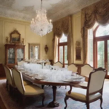 The elegant and sophisticated mansion features a grand dining room with a luxurious display of lump sugars artfully arranged in crystal bowls for guests to enjoy.