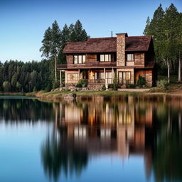 A serene and beautiful house situated on the tranquil shores of a calm lake with reflection on the water surface.